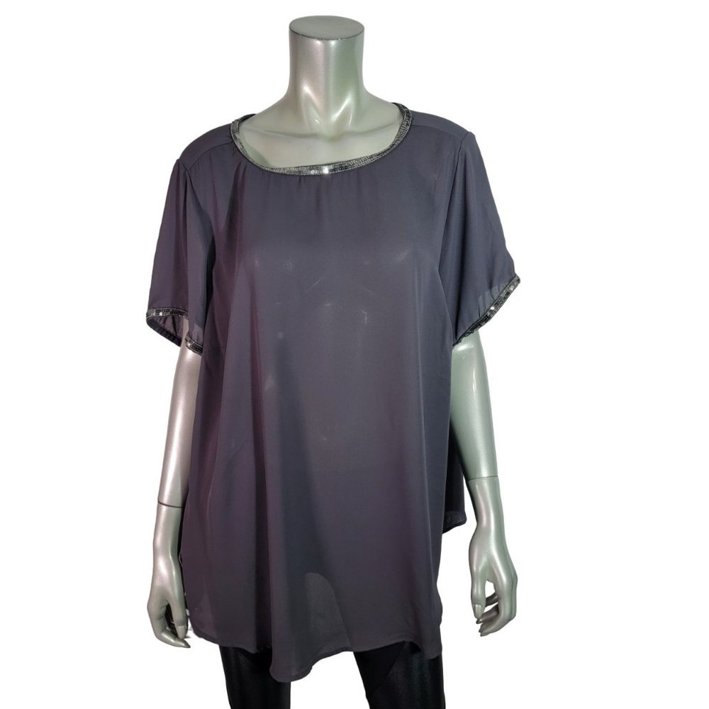 Torrid Abby Embellished Trim Blouse Top Plus Sz 2X Short Sleeve Sequins Gray NWT